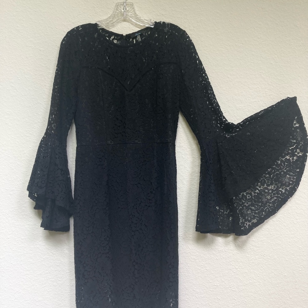 Black lace dress, bell sleeves, knee length
